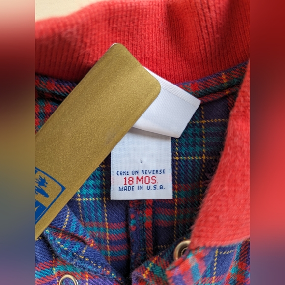 Vintage OshKosh USA Romper Overalls Blue Red Plaid Size 18 Months Made in USA - Picture 7 of 11